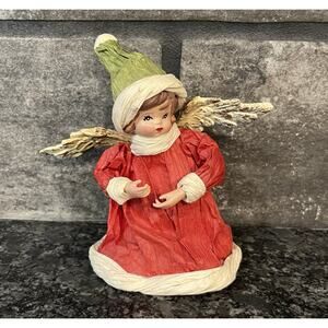 Vtg 5” Paper Mache ANGEL Red Dress Christmas Ornament or Tree Topper Figurine